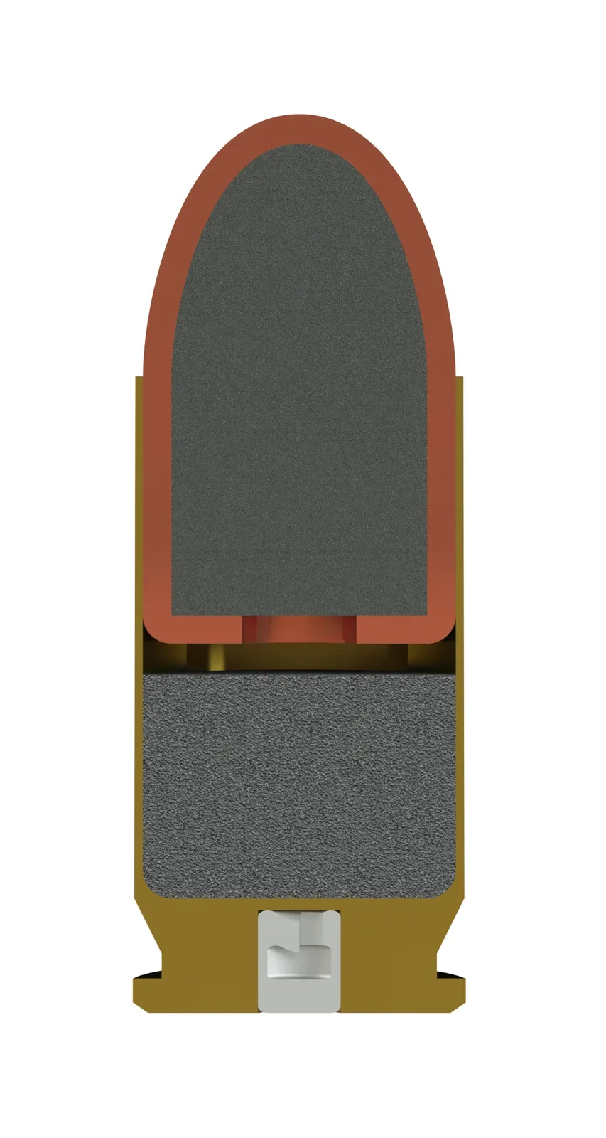 Cross-section 3D model of a .45 ACP cartridge showing internal components including primer, powder charge, bullet, and casing