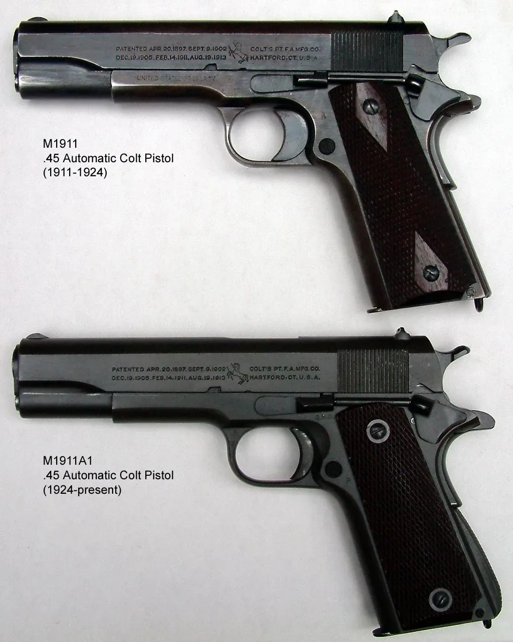 Side-by-side comparison of an M1911 pistol and an M1911A1 pistol, showing frame size and design differences between the two government-issue variants.
