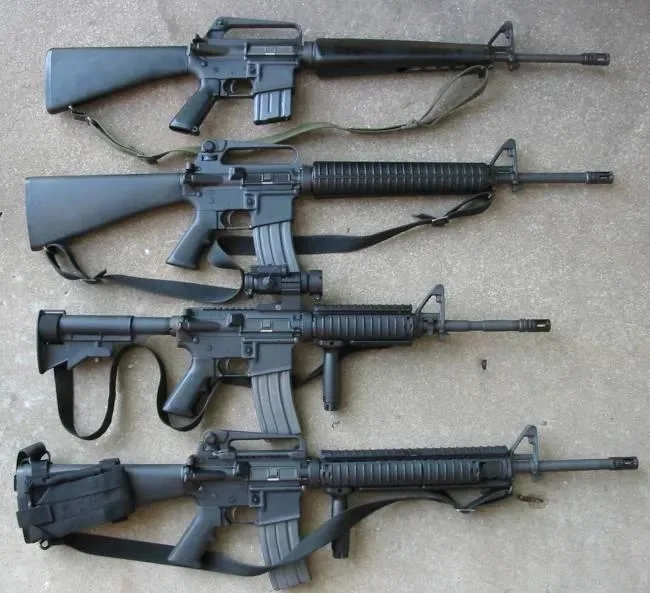 Four M16 rifle variants arranged vertically: M16A1, M16A2, M4 carbine, and M16A4, showing the evolution of design and configuration