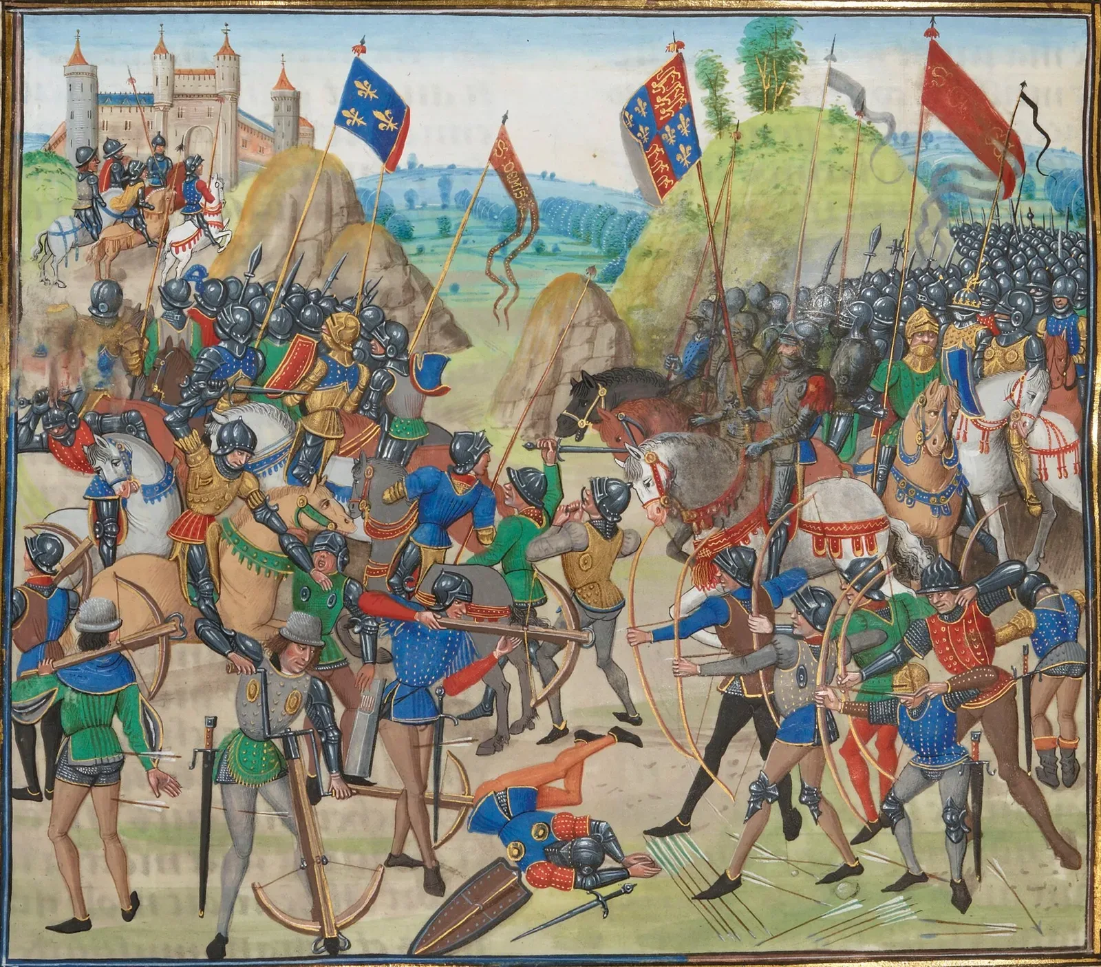 Medieval illustration from Froissart's chronicles depicting the Battle of Crécy, showing soldiers and archers in combat formation during a 14th-century conflict.