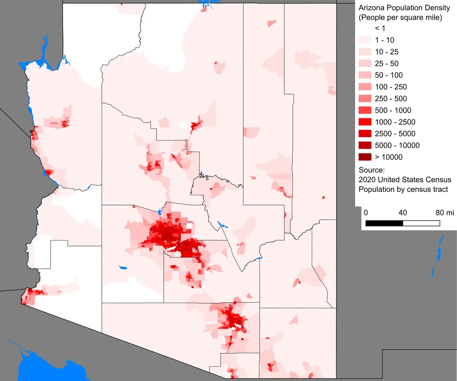Map of Arizona showing population density by census tract as of the 2020 U.S. census, with density variations indicated by color gradients across counties and regions.