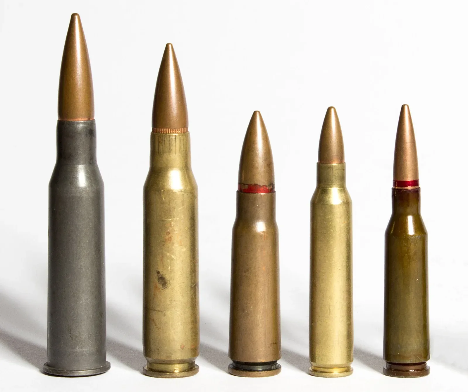 Home studio photograph showing a comparison of common pistol and rifle cartridges arranged in a line, including 7.62×51mm NATO among other calibers