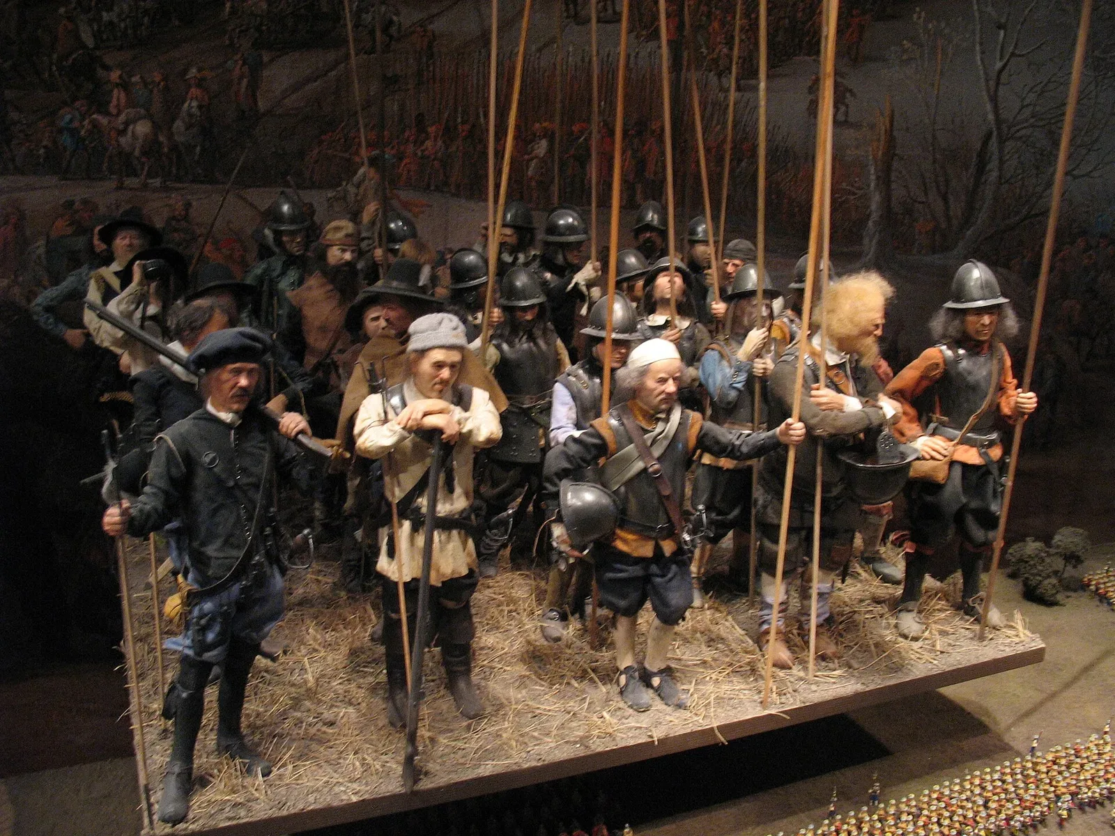 Scale model depicting a pike and shot formation section from the Thirty Years' War, showing the arrangement of pikemen and musketeers in military formation