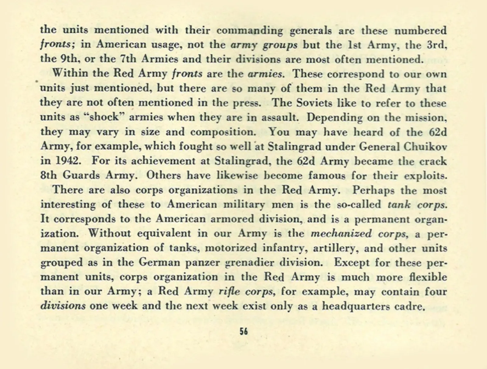 A page from a 1945 U.S. War Department pamphlet showing Soviet Red Army organization, including assault tank mechanized rifle corps during World War II operations.