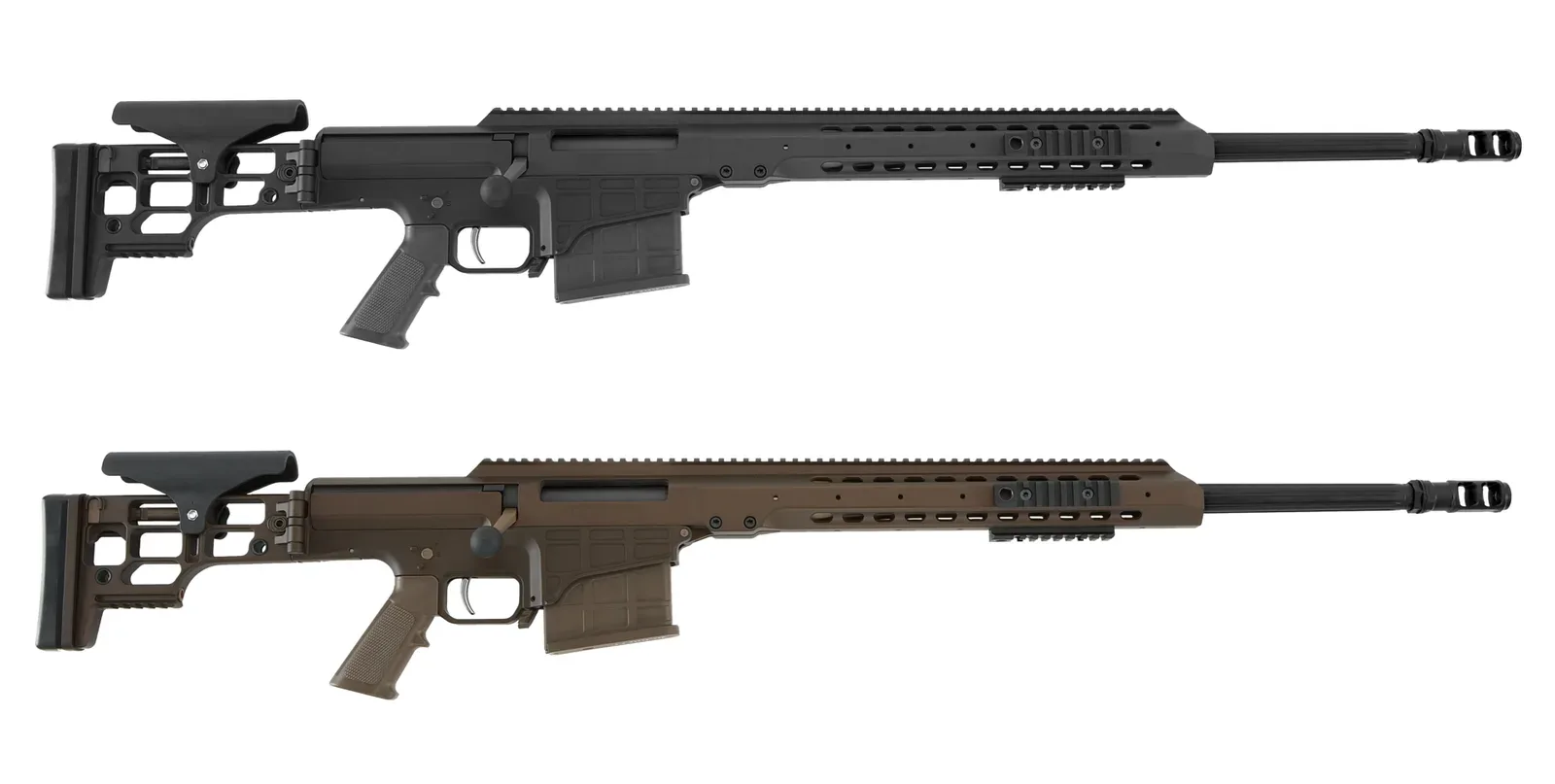 Barrett MRAD modular precision rifle displayed against a neutral background, showing the complete rifle configuration with scope and accessories mounted.