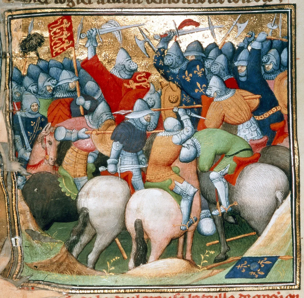 Miniature from the Grandes Chroniques de France (c.1415) depicting the Battle of Crécy, showing armed soldiers in formation during the clash between English and French forces