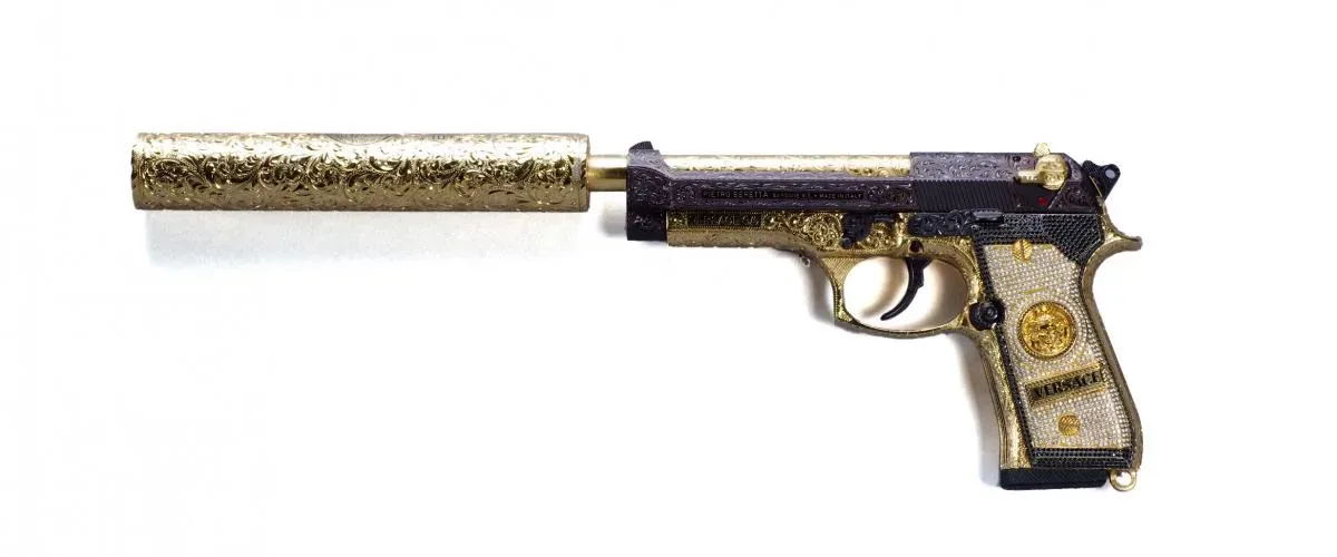 Beretta 92F 9mm Parabellum pistol shown in profile view with dimensions noted as 16 inches in length