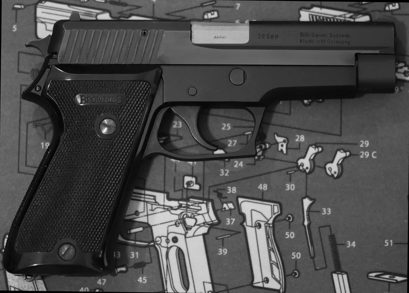 Browning BDA 45 semi-automatic pistol in .45 ACP, shown in three-quarter view displaying the double-action trigger mechanism and slide profile.