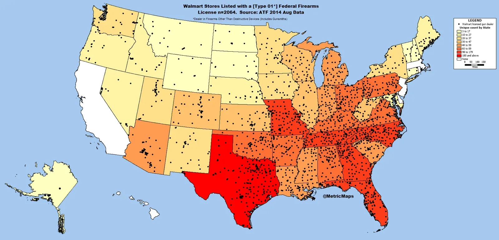 Screenshot showing a list of Walmart store locations with Type 01 Federal Firearms License designations