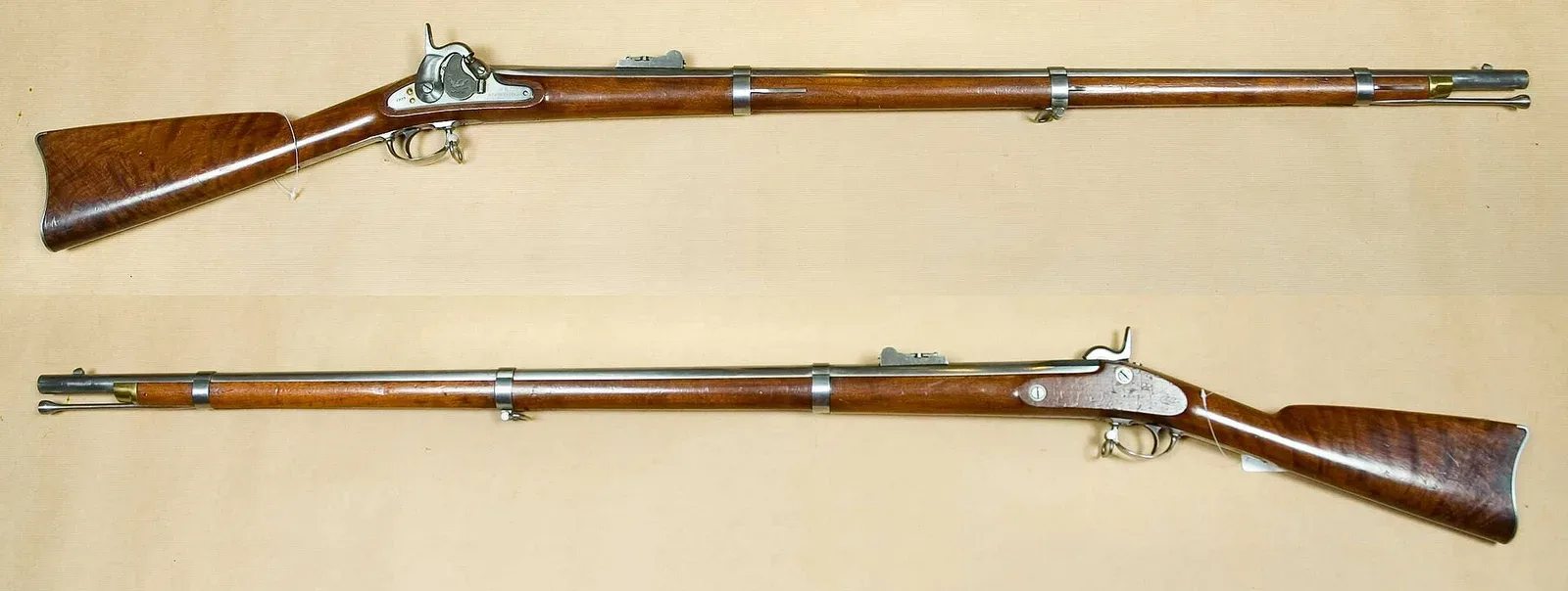 Springfield Model 1855 rifle musket, a historical firearm chambered for Minié ammunition, displayed against a neutral background showing the full length of the weapon and its distinctive design.