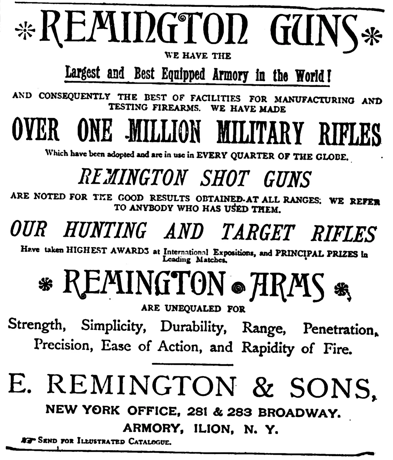 A newspaper advertisement from 1883 for Remington Guns, featuring detailed product listings and company information