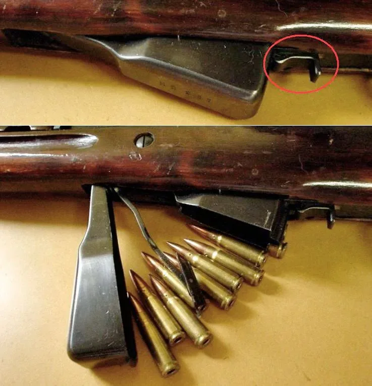 SKS rifle magazine shown in both closed and open positions, displaying the bottom-mounted magazine design and internal spring mechanism.
