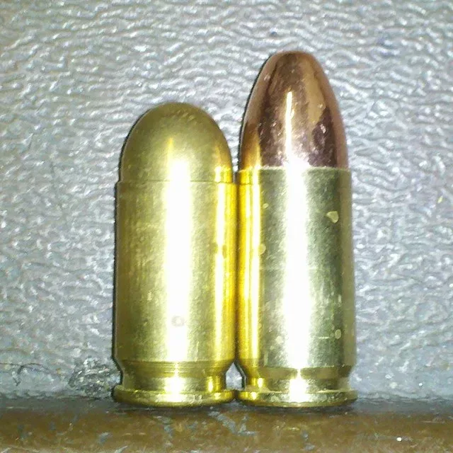 Two rifle cartridges displayed side-by-side: a 9×18mm Makarov round on the left and a 9×19mm Luger round on the right, both with full metal jacket bullets.