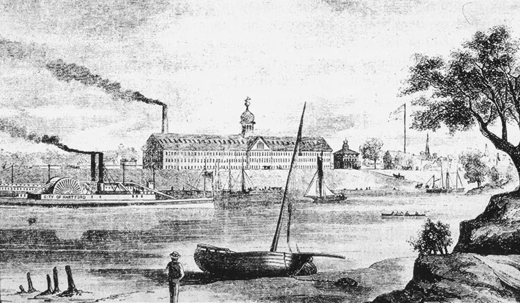 Historical engraving of Colt Armory in Hartford, Connecticut, showing the multi-story industrial complex from the 1857 period