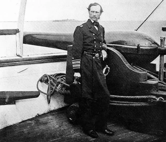 Rear Admiral John A. Dahlgren standing beside a 50-pounder Dahlgren rifle