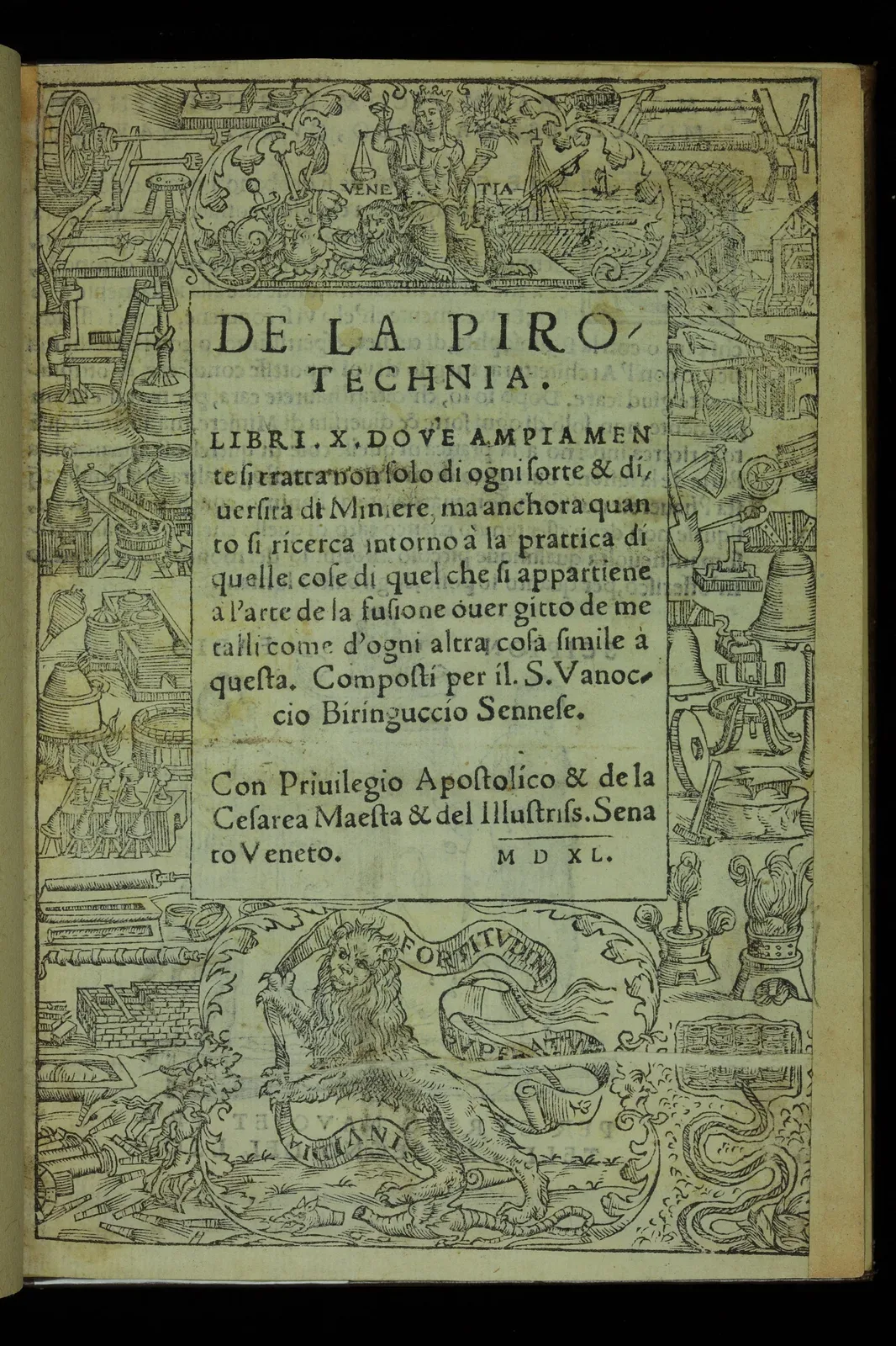 Title page of De la pirotechnia by Vannoccio Biringuccio, a 1540 printed treatise on pyrotechnics and gunpowder manufacturing processes, showing ornate Renaissance typography and woodcut border decoration.