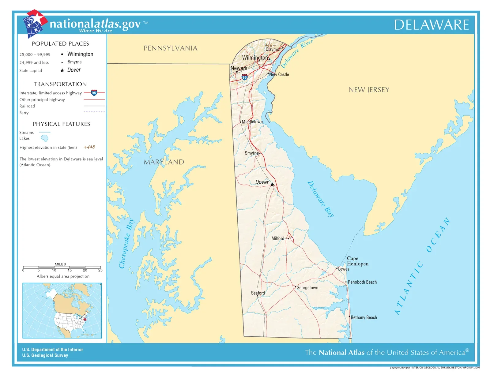 Map of Delaware showing its location within the United States, with state boundaries and geographic positioning relative to neighboring states and the Atlantic coast.