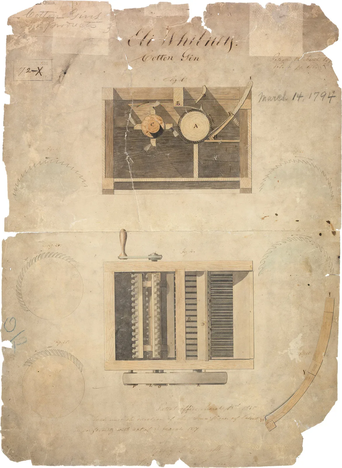 Historical patent document for the cotton gin dated 1794, showing technical drawings and specifications of Eli Whitney's invention