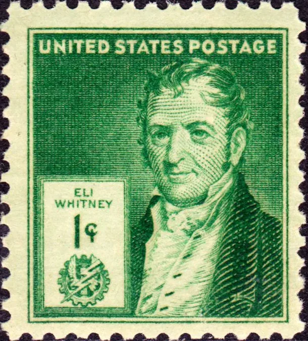 Portrait of Eli Whitney from a 1940 U.S. postage stamp issue, showing him in period dress with formal attire typical of late 18th-century engravings.