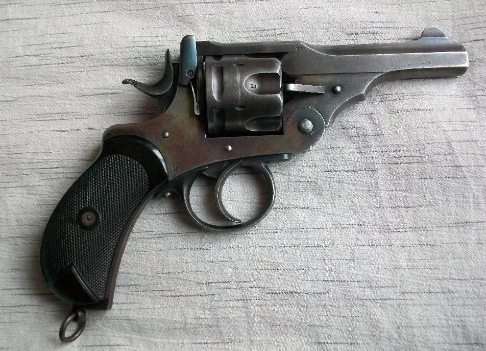 Webley Mk I revolver, circa 1887, showing the top-break frame and cylinder release mechanism characteristic of British service revolvers of that era.