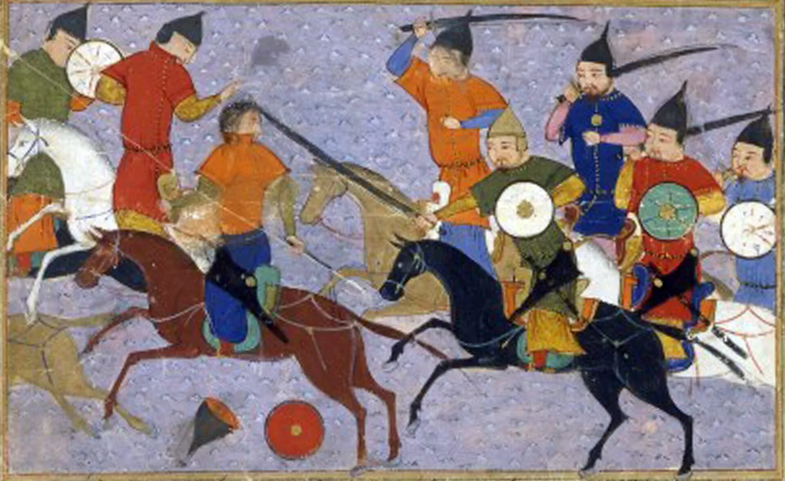 Medieval manuscript illustration depicting a battle between Mongol and Chinese forces in 1211, from Jami' al-tawarikh by Rashid al-Din, showing mounted warriors and military engagement