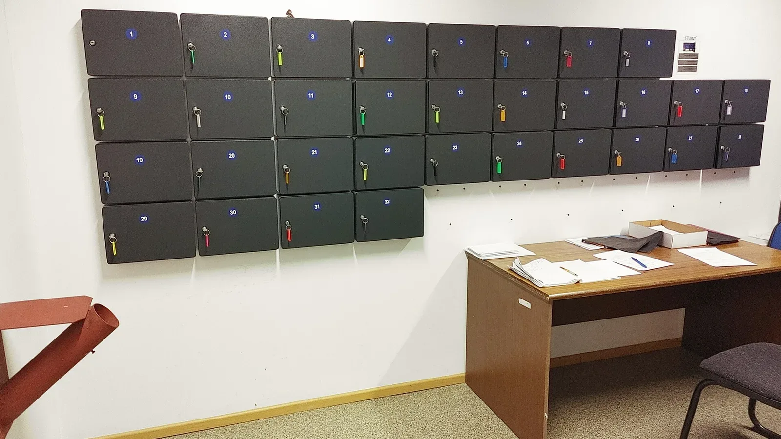 Multiple gun safes installed at a courthouse in Prague, Czech Republic for temporary storage of civilian-owned firearms.