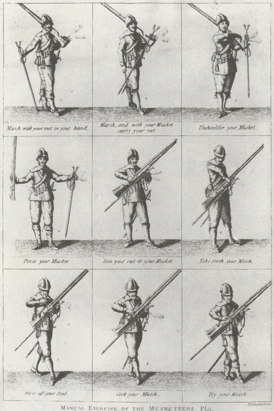 Page from a 17th century manual showing illustrated musketeer drill positions and exercises