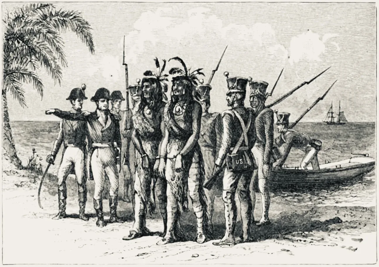 Historical lithograph depicting the capture of Indian chiefs during the 1818 Florida campaign, showing military personnel and Native American prisoners