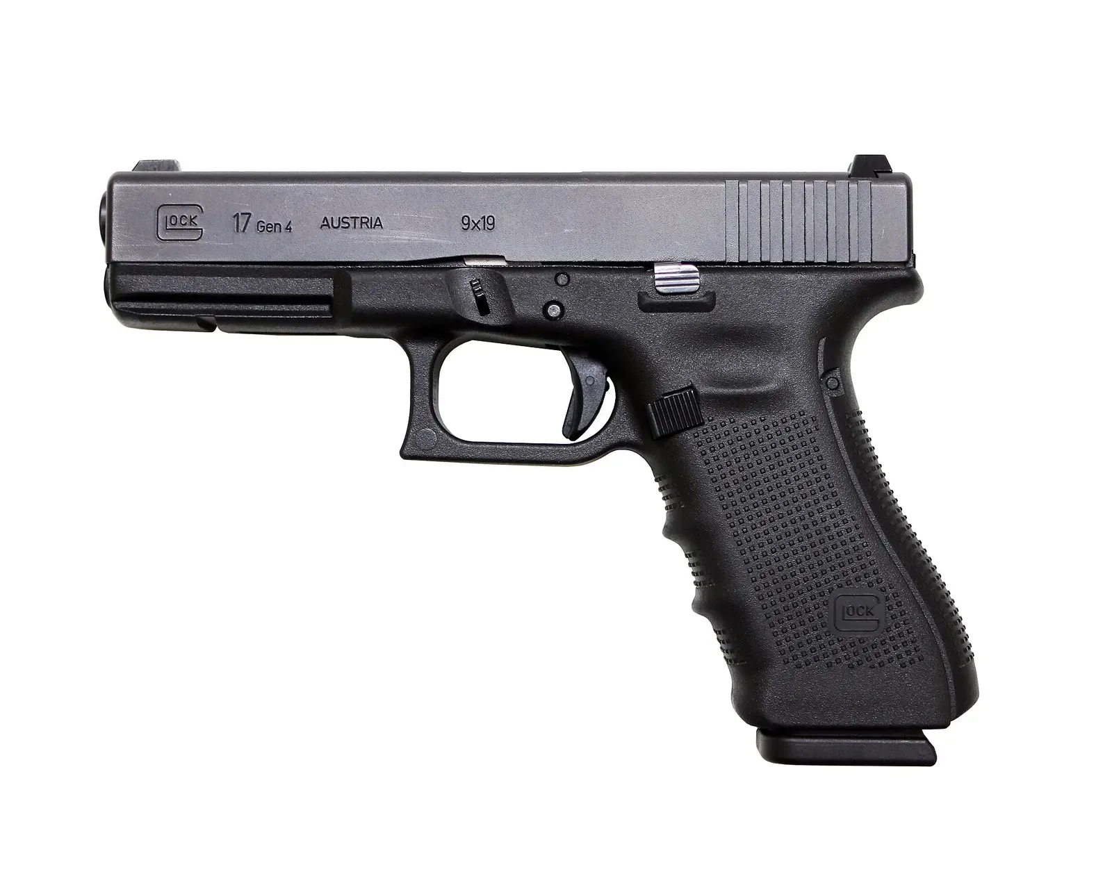 Glock 17 Gen 4 pistol shown from right side, displaying slide, frame, and rail configuration