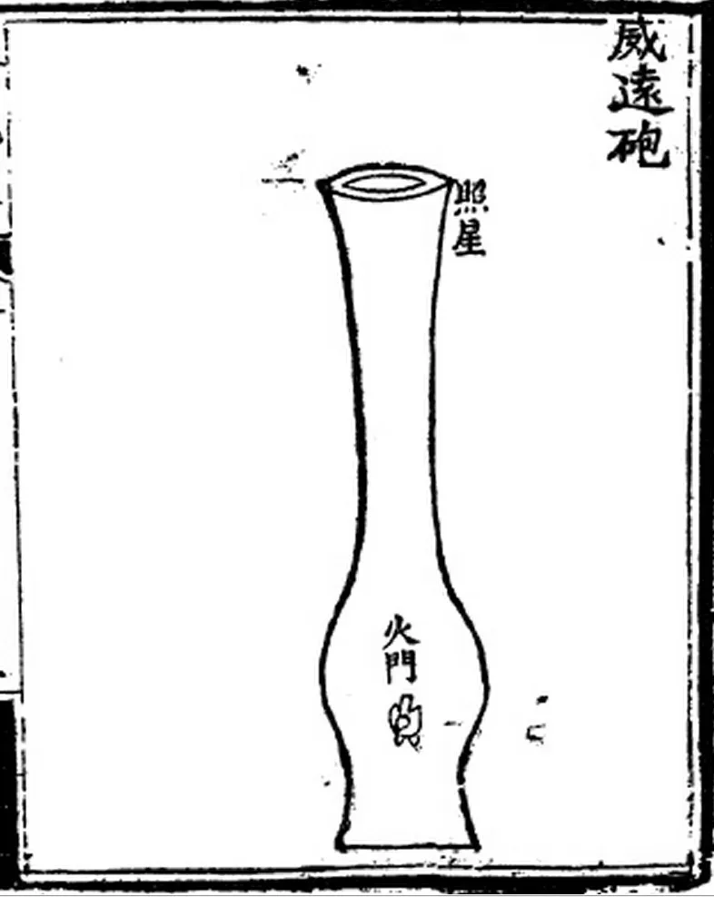 Historical illustration of a vase-shaped cannon from a 14th century Ming Dynasty military manuscript, showing early Chinese gunpowder artillery design.