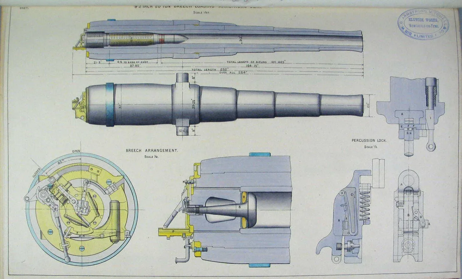 Technical engineering diagram showing cross-sectional views and mechanical components of a BL 9.2 inch Mk I-II naval gun system with labeled parts and assembly details