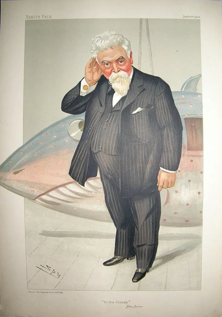 Caricature portrait of Sir Hiram Stevens Maxim (1840–1916), labeled 'In the clouds.'