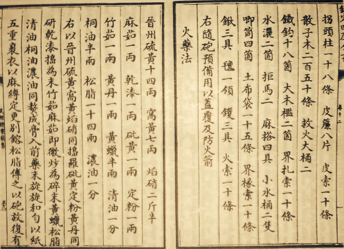 Historical manuscript page showing Chinese written description of gunpowder formula with Chinese characters