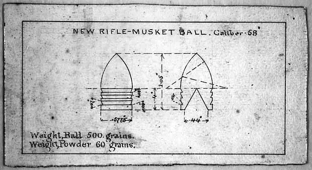 Technical diagram of minié ball design showing cross-section and specifications from Harper's Ferry, Burton model