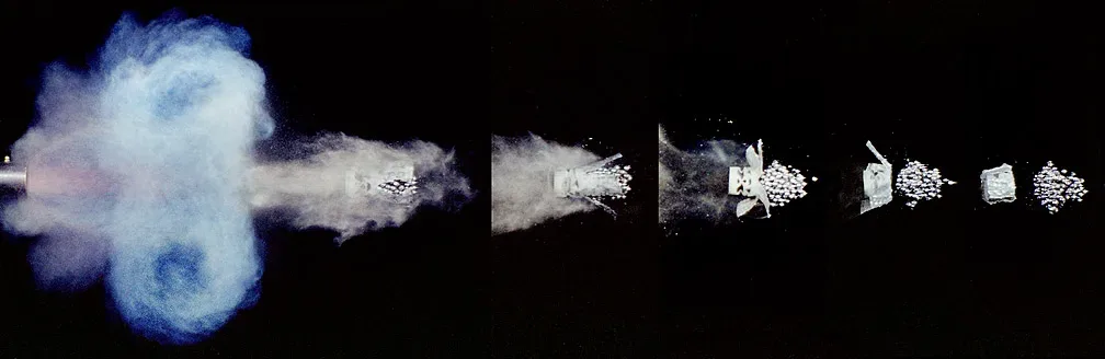 High-speed photographic sequence showing a shotgun firing, captured at 1/1,000,000 second intervals, revealing the progression of shot column dispersal from the muzzle.