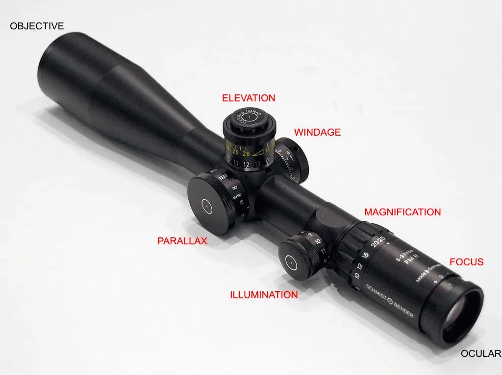 Control adjustments on a Schmidt & Bender 5-25x56 PM II LP telescopic sight, showing magnification and other adjustment mechanisms.