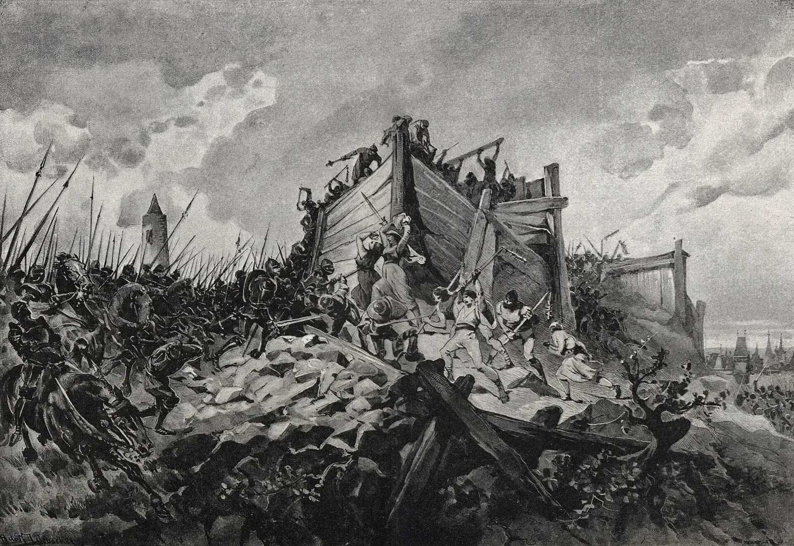 Painting by Adolf Liebscher depicting the Battle of Vítkov Hill on July 14, 1420, showing Hussite forces in combat during the early Hussite Wars