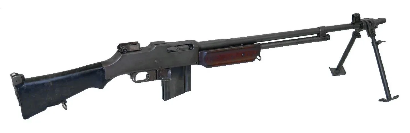 Browning Automatic Rifle (BAR) displayed in a museum setting, showing the complete rifle from side view
