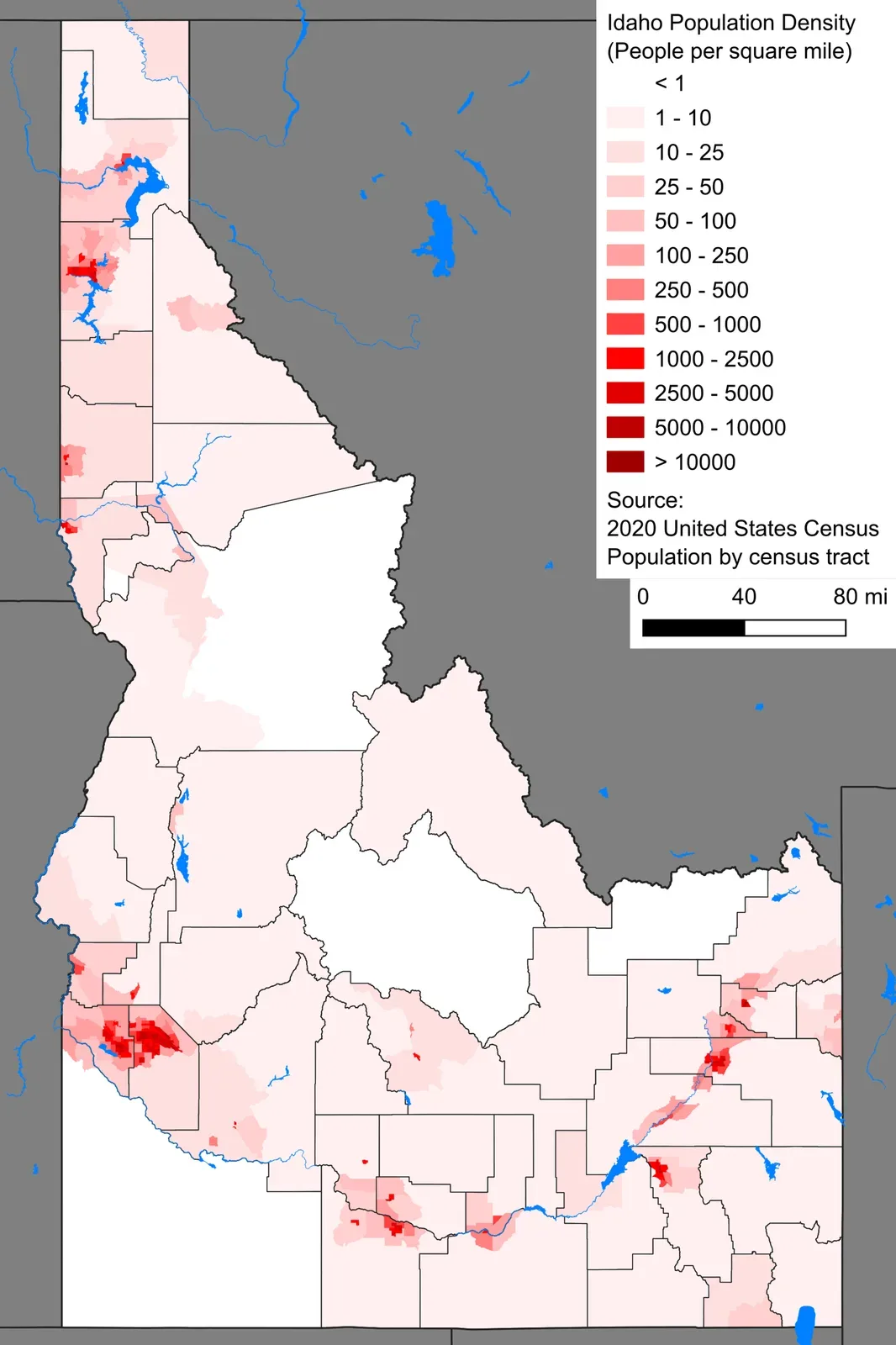 Map of Idaho showing population density by census tract based on 2020 U.S. census data, with color gradients indicating population concentration across the state.