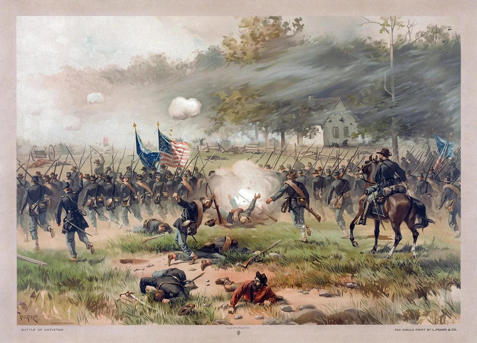 Battle of Antietam illustration by Thure de Thulstrup showing Civil War combat scene with soldiers, artillery, and cavalry in engagement