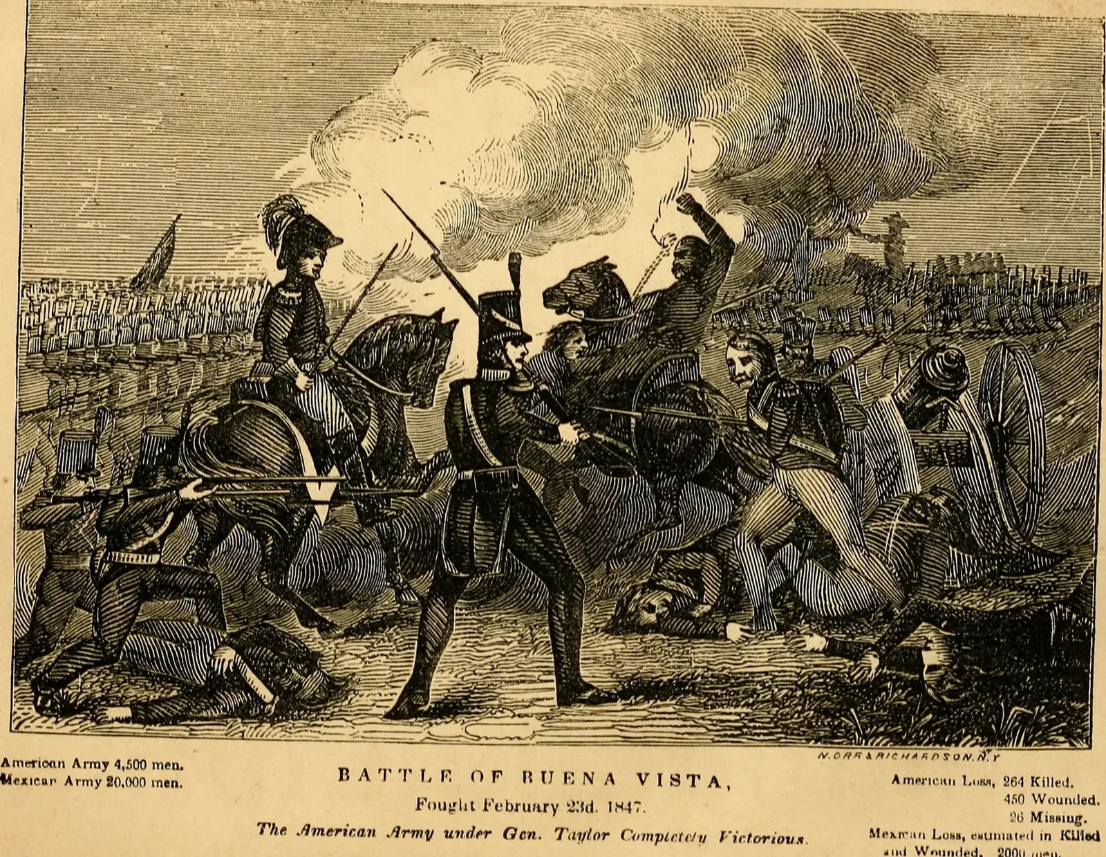 Historical book illustration depicting soldiers in combat during the Mexican-American War, showing period military uniforms and rifle usage in battle conditions