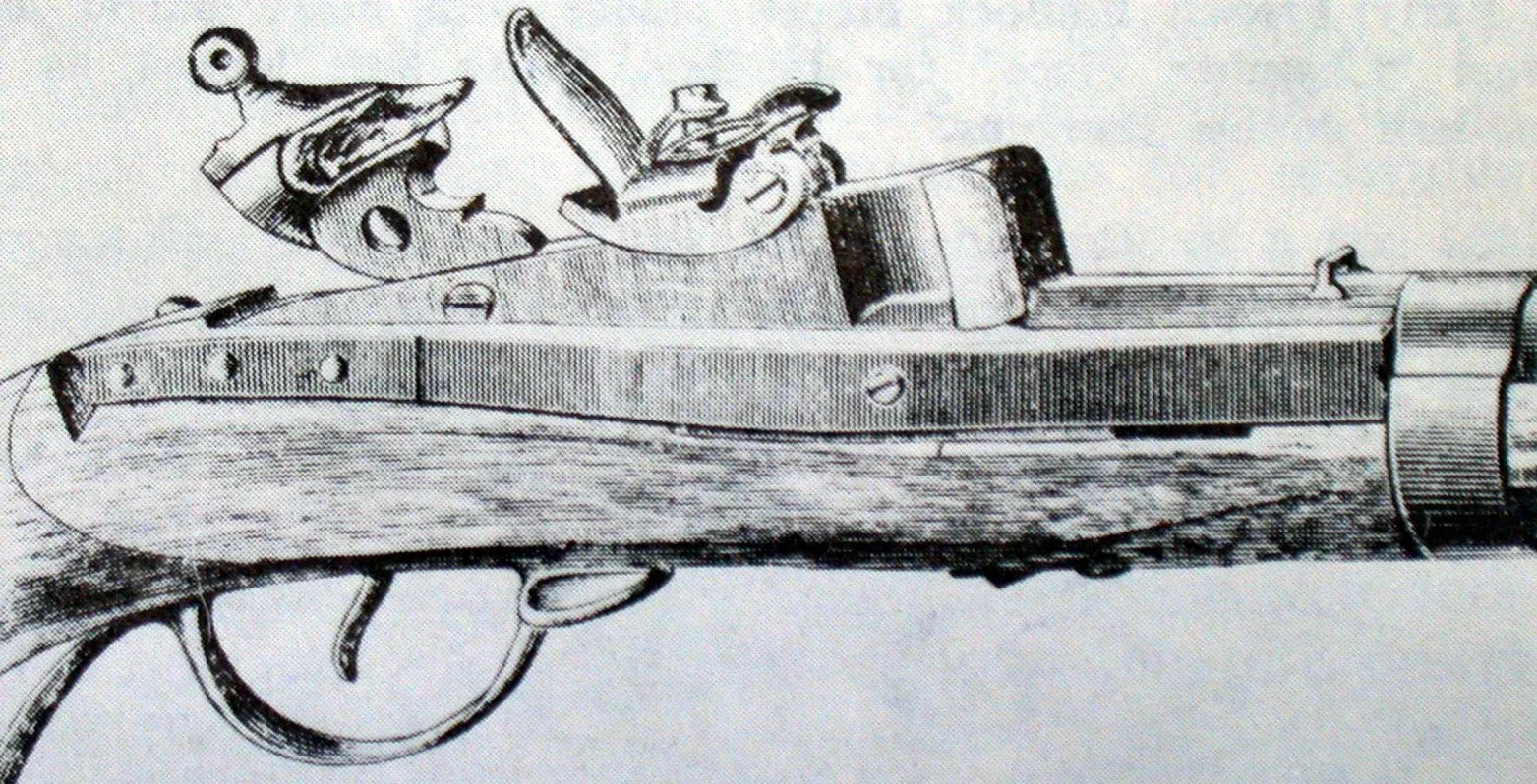 Close-up technical view of the breech mechanism of an M1819 Hall rifle, showing the distinctive hinged breech block design