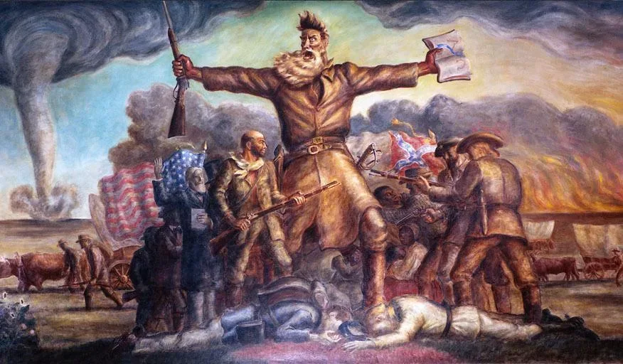 Detail of John Steuart Curry's mural 'The Tragic Prelude,' depicting John Brown at center with armed figures and violence surrounding him during the Bleeding Kansas period.