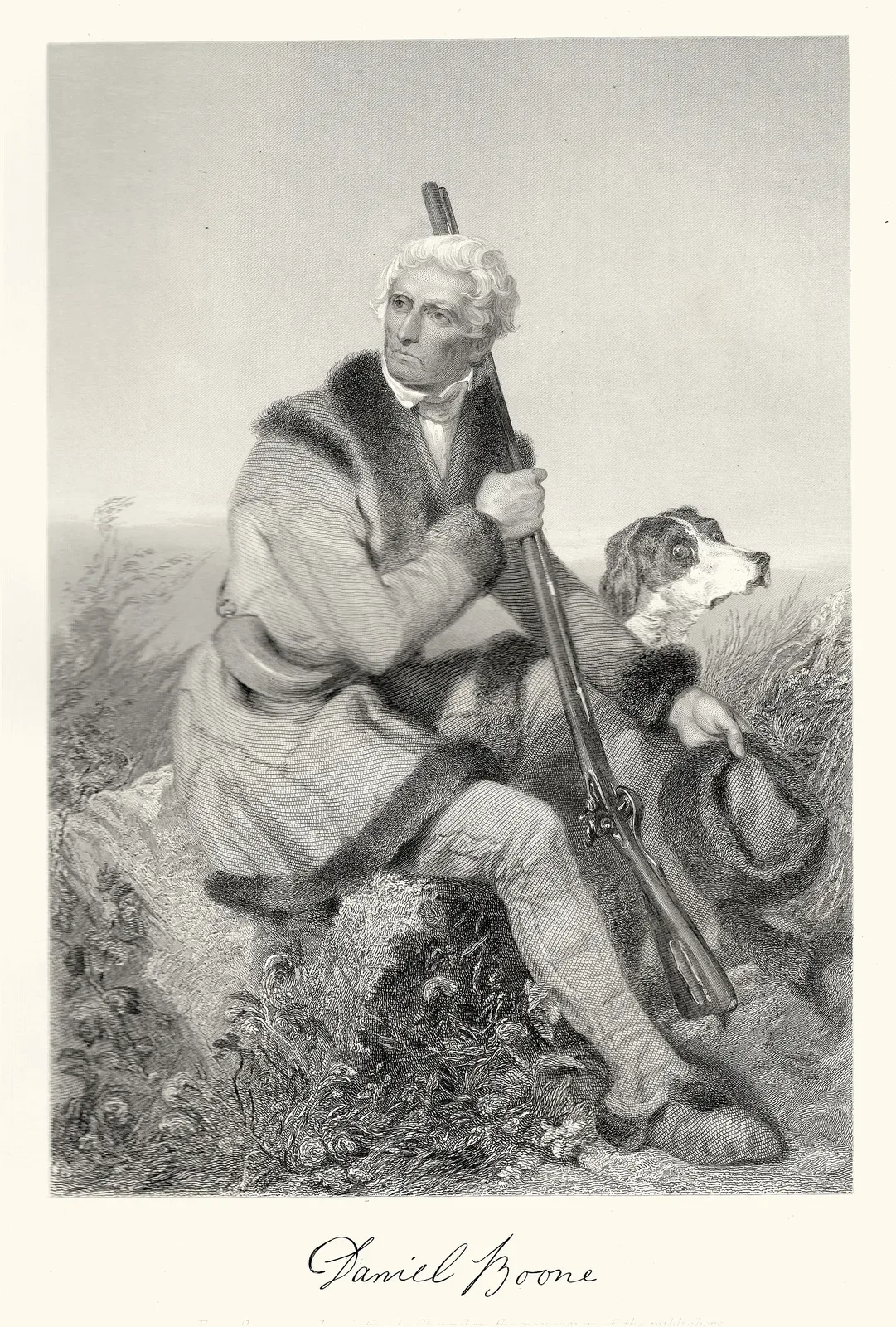 Engraving of Daniel Boone with his signature at the bottom, historical portrait from the 19th century