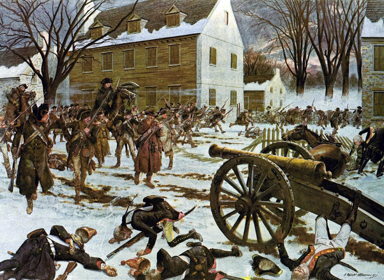 Painting of the Battle of Trenton by Charles McBarron depicting Continental Army soldiers in combat during the American Revolutionary War