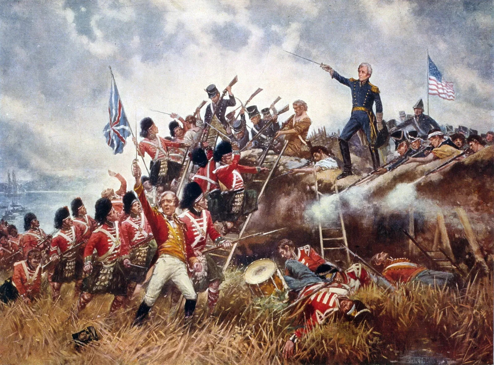 Painting depicting General Andrew Jackson standing on the parapet of his makeshift defenses during the Battle of New Orleans, with troops and fortifications visible