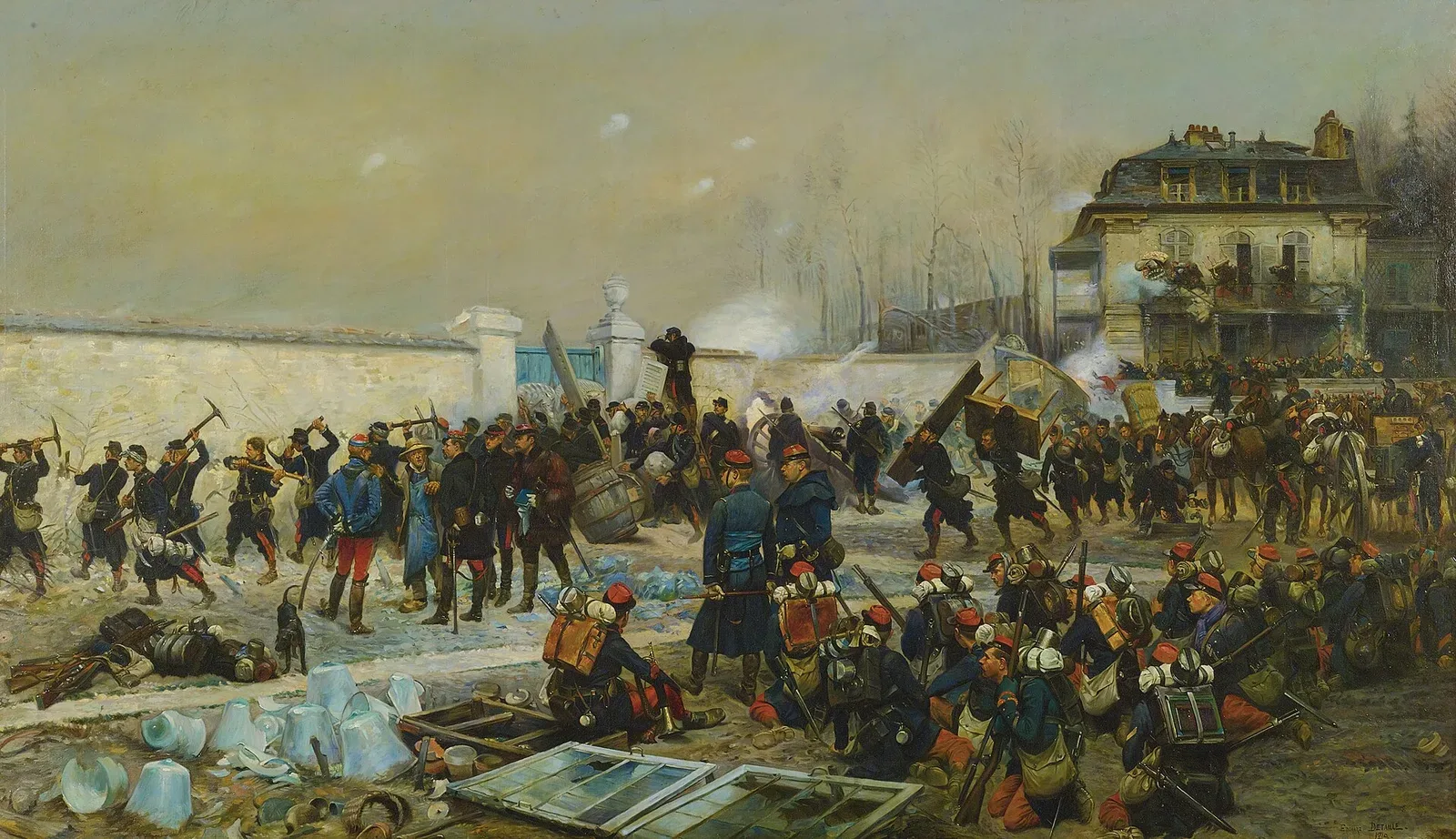 Oil painting depicting the Battle of Champigny in December 1870, showing French infantry in combat during the Franco-Prussian War, painted by Jean-Baptiste-Édouard Detaille in 1879.