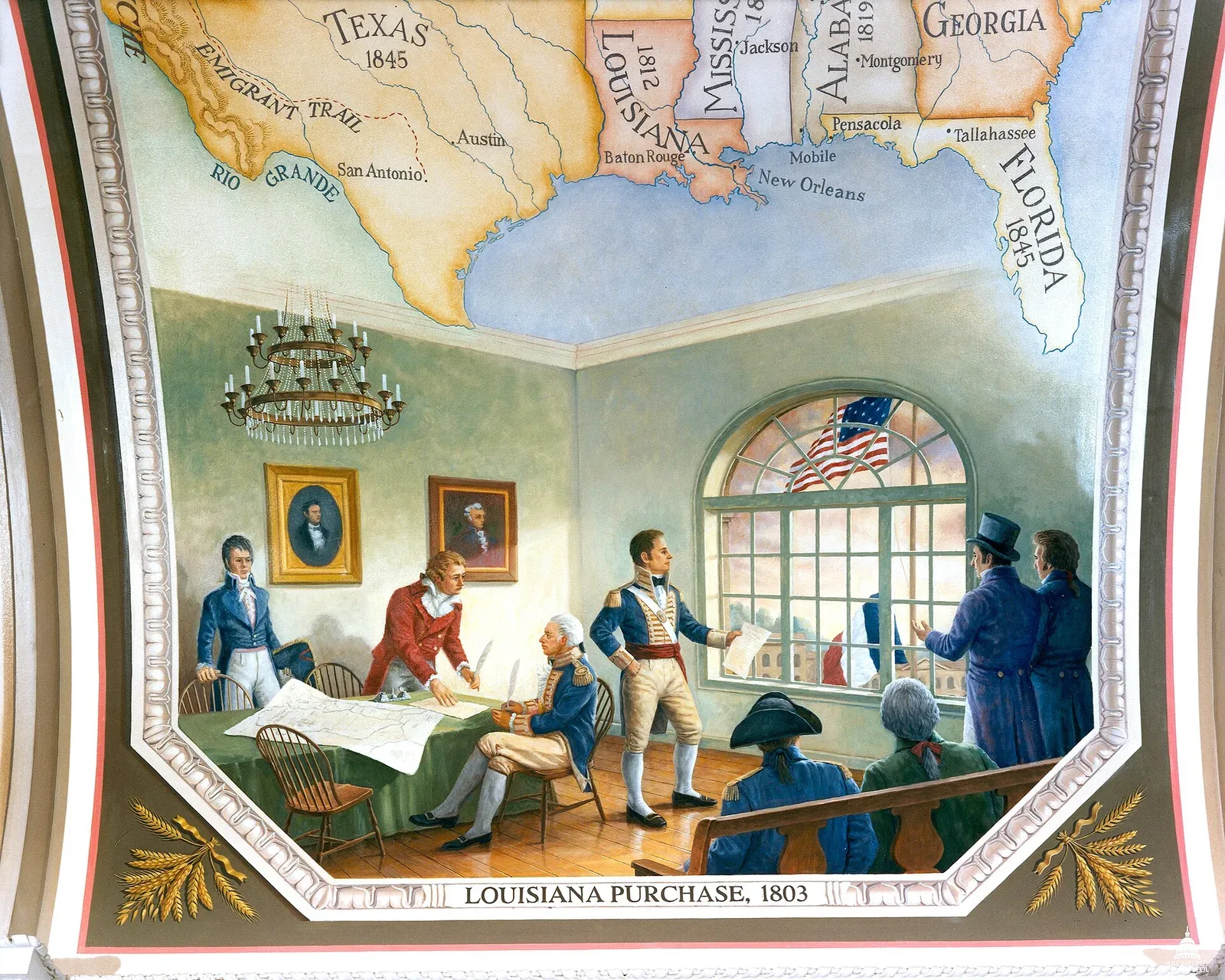 Oil painting depicting the signing of the Louisiana Purchase treaty in 1803, showing multiple figures in period dress gathered around a table with documents