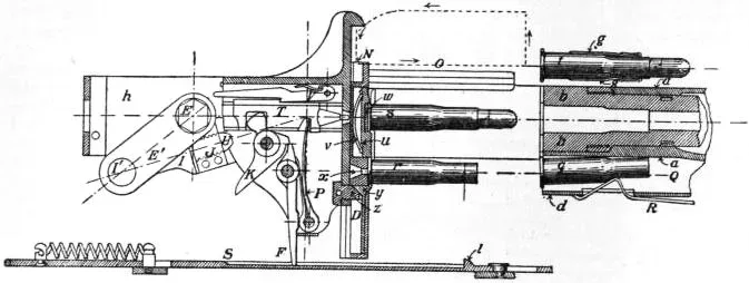 Technical diagram showing the internal mechanism and components of a Maxim gun from an encyclopedia illustration