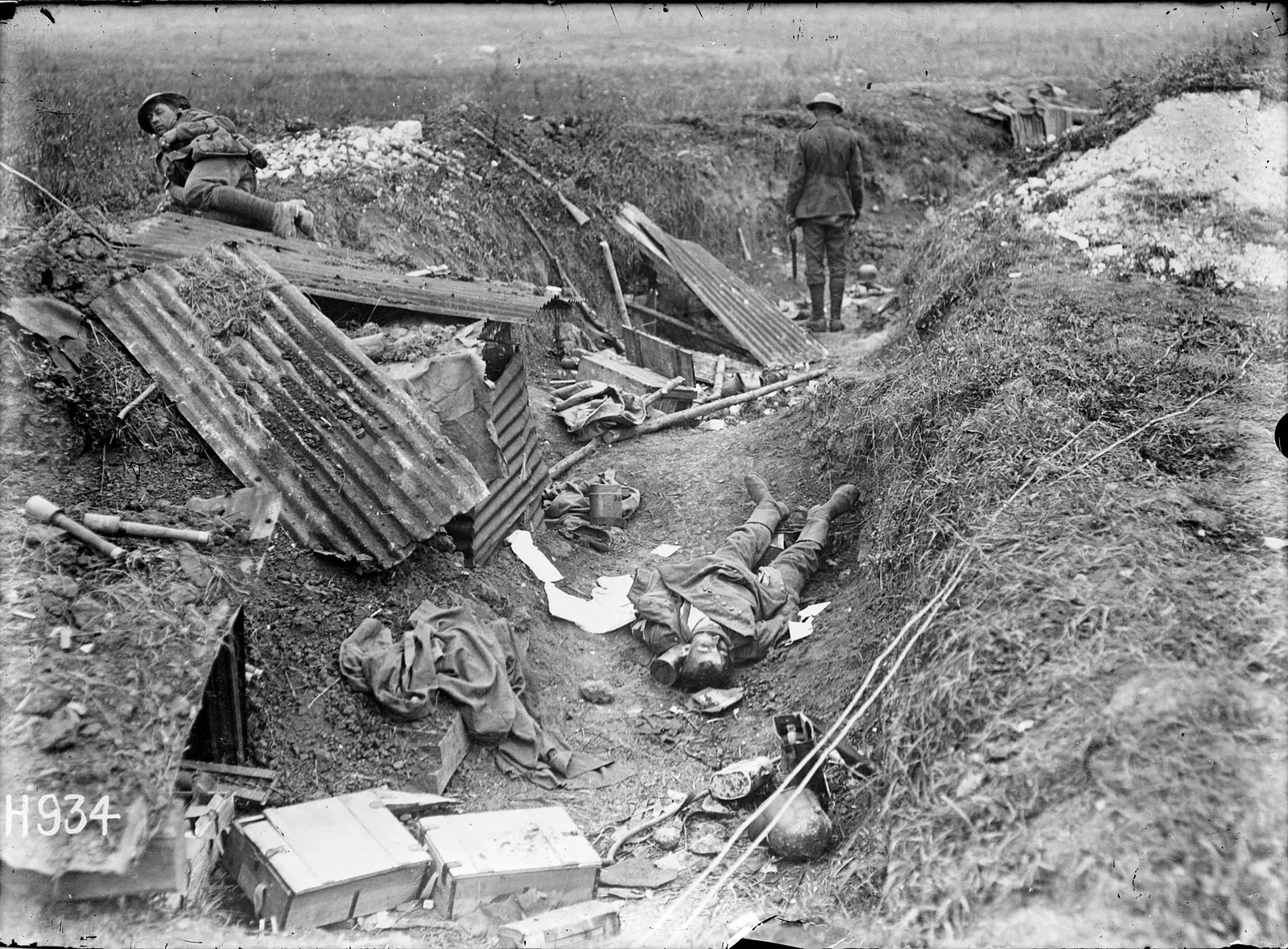 A World War I German machine gun emplacement in a fortified trench position at Grevillers, France, showing the weapon mounted for defensive operations.